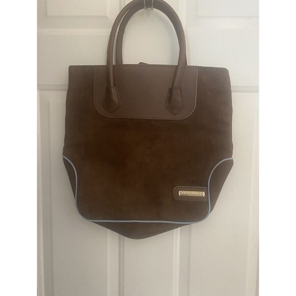 MURANO Brown Suede Tote Bag with Light Blue Trim - Picture 1 of 5